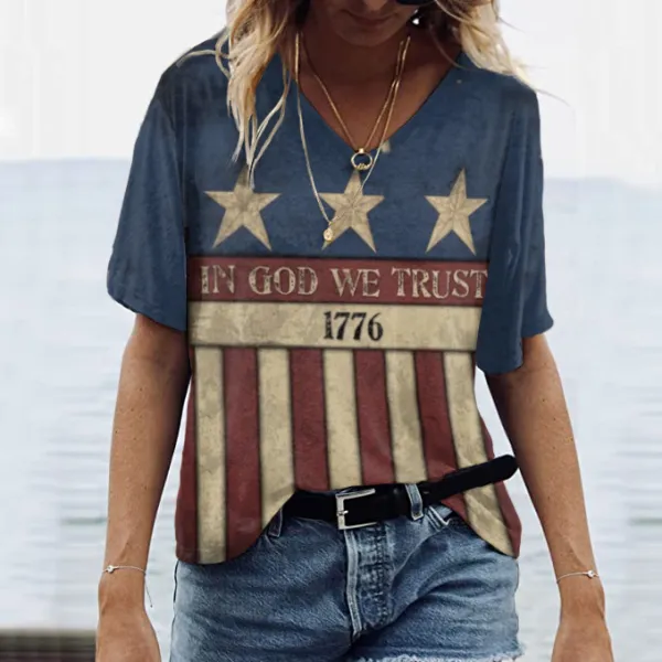 In God We Trust Flag Print V-neck T-shirt