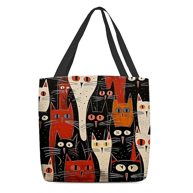 Women's Tote Shoulder Bag Canvas Tote Bag Customize Polyester Shopping Holiday Print Large Capacity Foldable Lightweight Cat Black / White Black / Red Custom Print