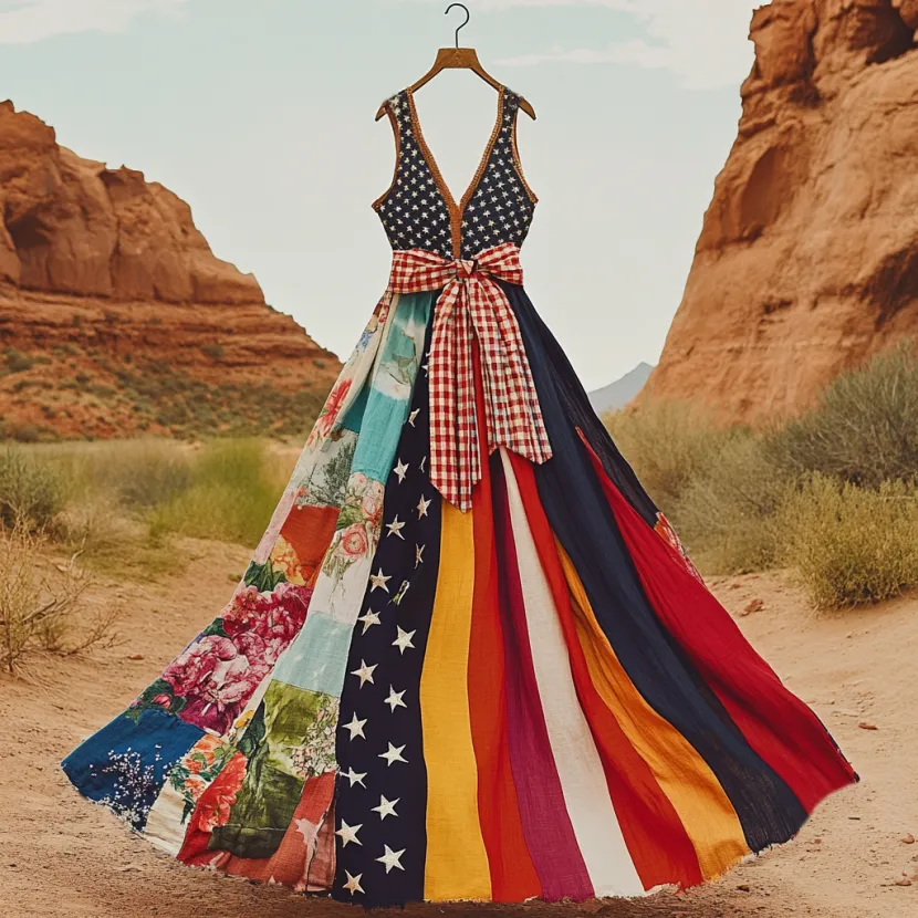 Women's Independence Day American Flag 4th Of July Floral Patchwork Rainbow Art  Sleeveless Dress