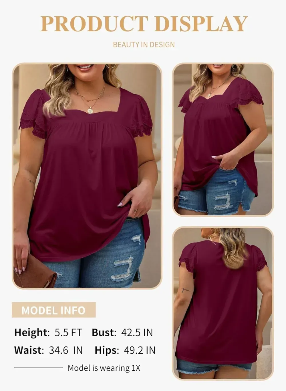 Eytino Womens Plus Size Tops Ruffle Short Sleeve Square Neck Summer Loose Casual Tee Shirts(1X-5X)