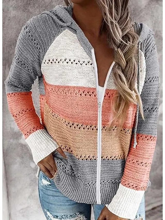Suéter feminino com capuz e malha canelada com zíper e patchwork Primavera e outono Exterior Diariamente Exterior Moda Casual Macia Manga Longa
