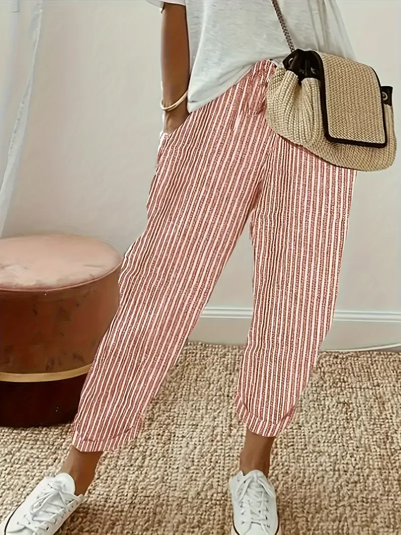 Women's Striped Wide-Leg Casual Pants - High-Waisted, Lightweight Polyester, Machine Washable, All-Season Comfort with Side Stripe Detail
