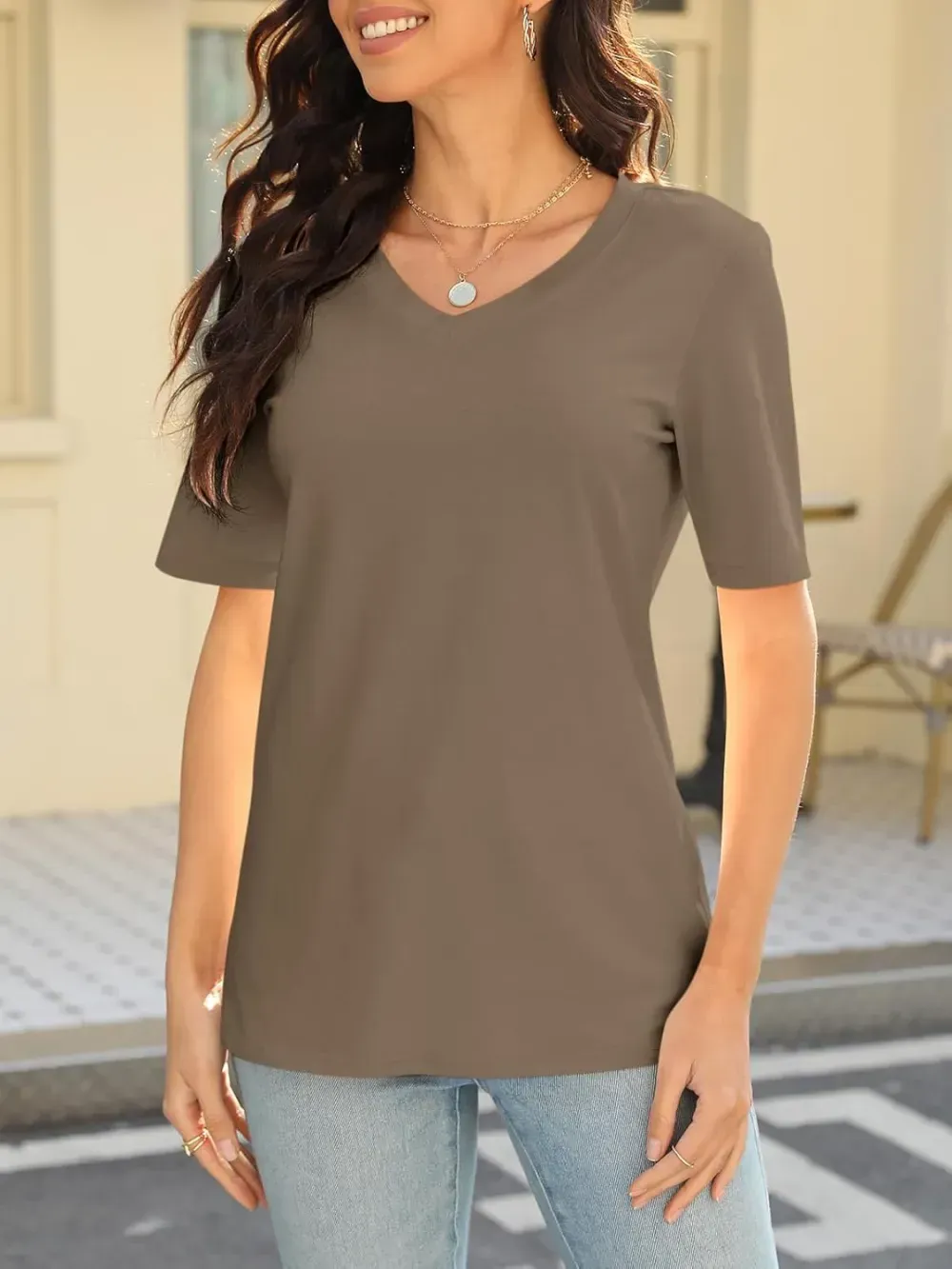 ORANDESIGNE Women's Color Block Short Sleeve T Shirts Casual V Neck Summer Tops Tees Loose Fit Blouses