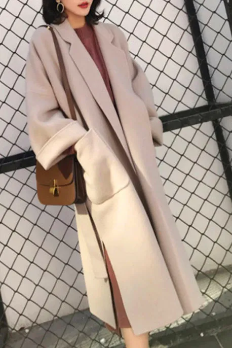 Front Pockets Lapel Faux Woolen Coat