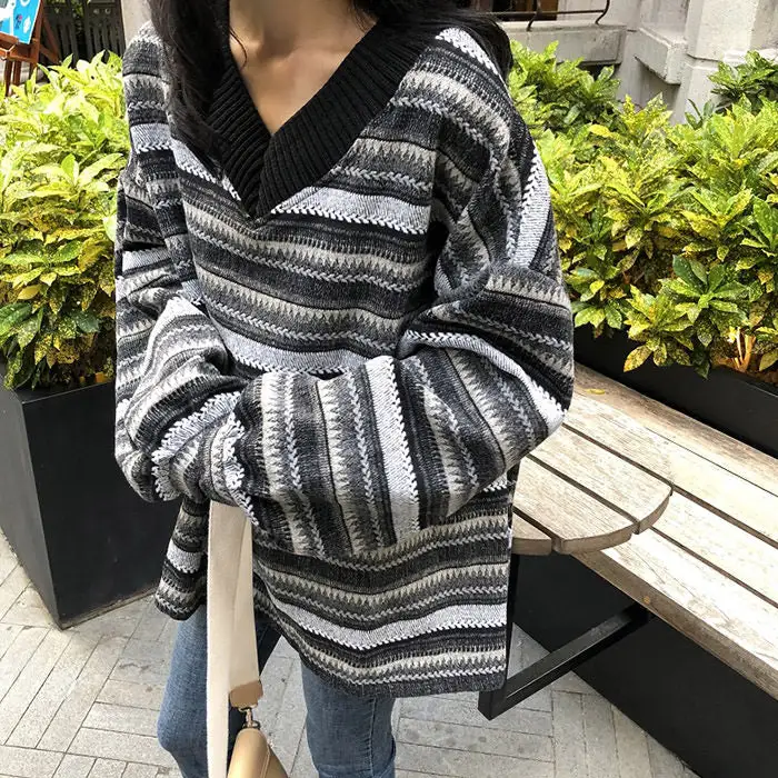 Loose V-neck Striped Sweater