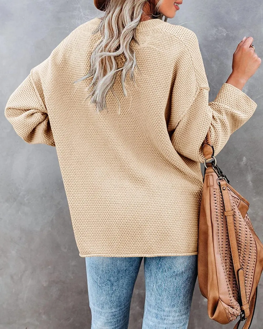 Women's Oversized Sweaters Batwing Long Sleeve Loose V Neck Button Henley Tops Pullover Knit Jumper