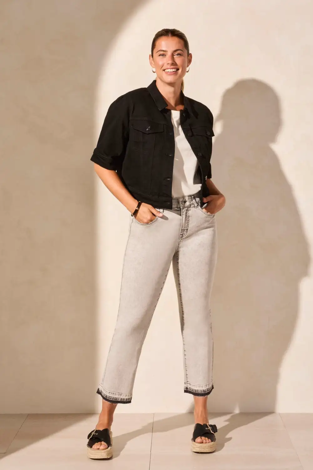 Comfort Stretch Elbow-Sleeve Denim Jacket-Justblack