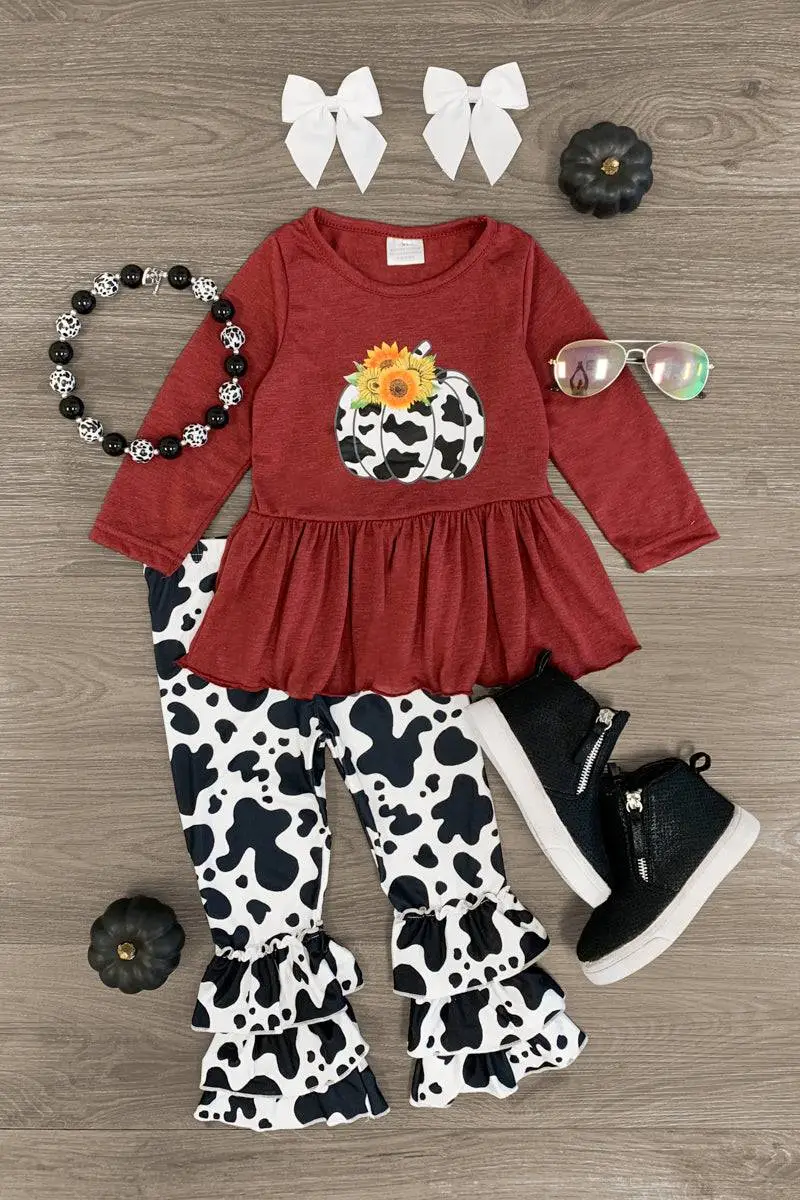 Burgundy & Cow Print Pumpkin Ruffle Pant Set