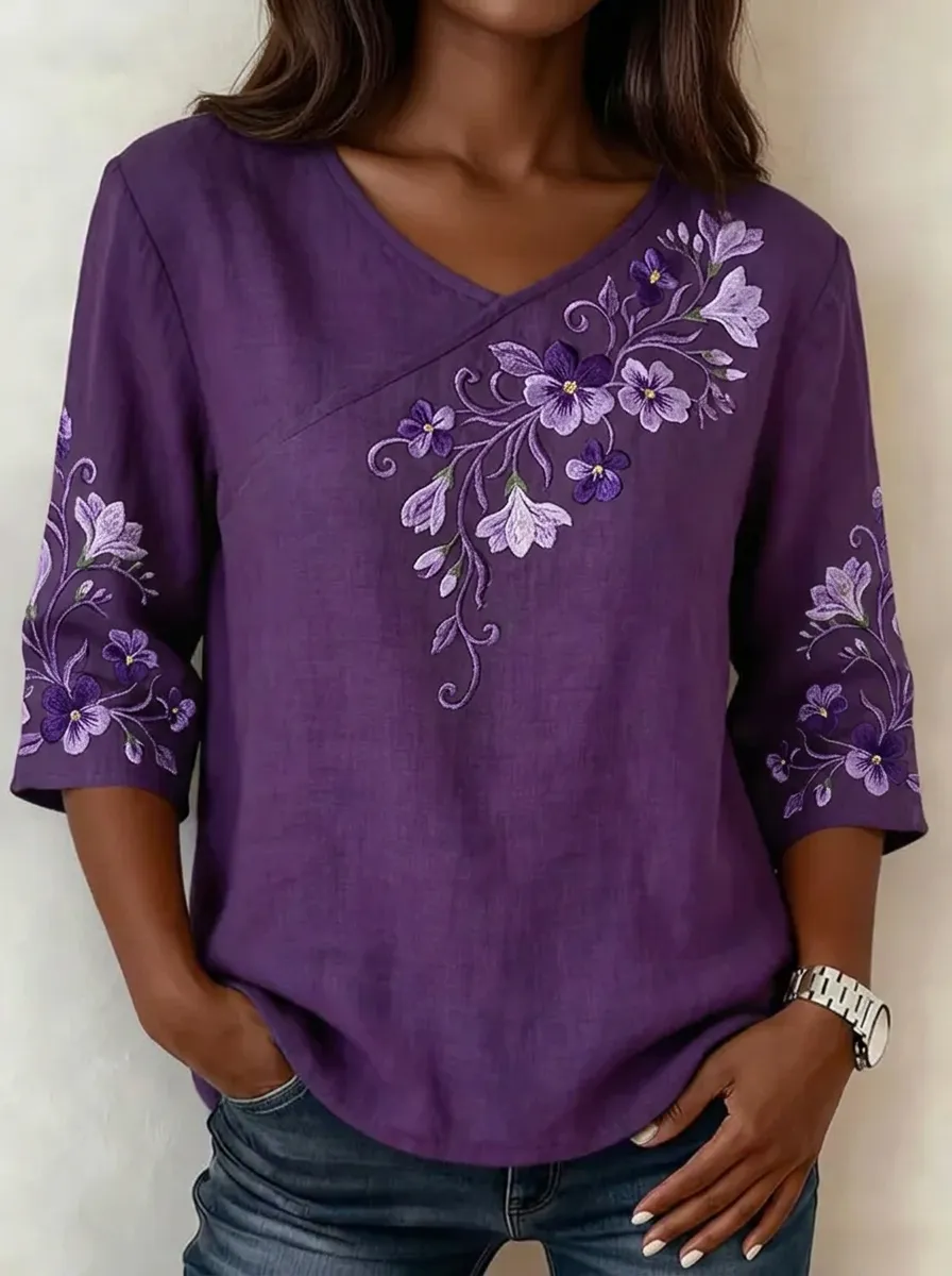 Women's Nashville Floral Embroidery Printed V-neck Top