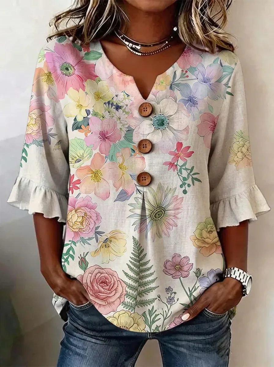 Women's Nashville Floral Botanical Printed V-Neck Button Top