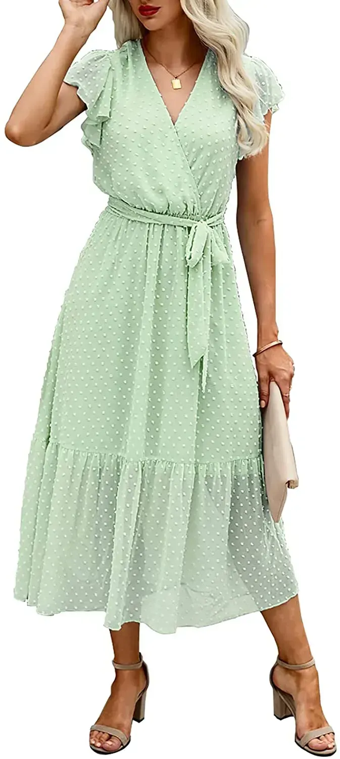 Women Summer Bohemian Floral Casual Wrap V Neck Ruffle Cap Sleeveless Belt A-Line Pleated Hem Swing Midi Sun Dress
