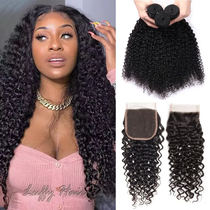 Sterly Hair Deep Curly 3 Bundles with 4×4 Lace Closure 100% Human Virgin Hair