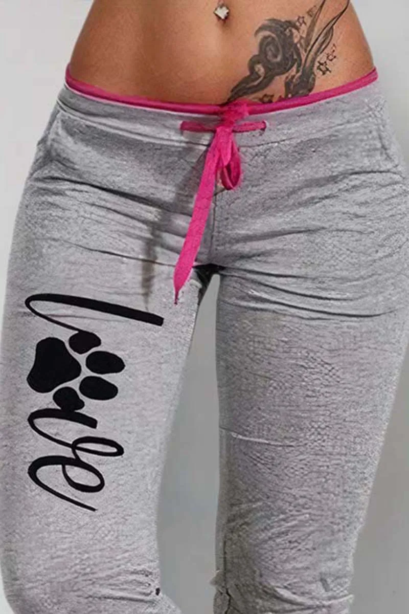 Letter & Paw Print Drawstring Contrast Binding Capris Pants