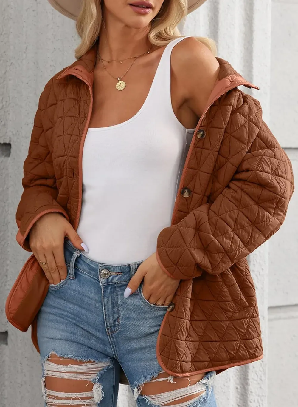 Women's Lightweight Diamond Quilted Jacket Casual Winter Open Front Button Down Puffer Coat Outwear Cardigan