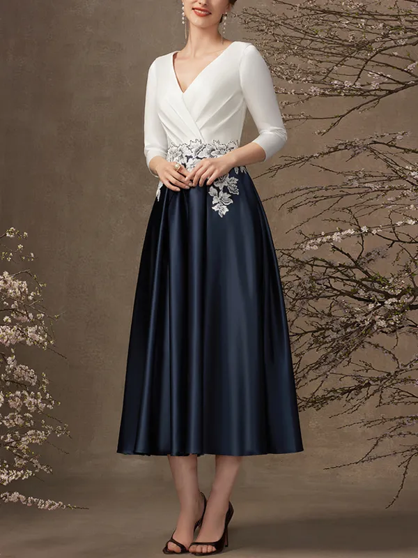 V Neck Tea Length Satin Bridal Mom Dress