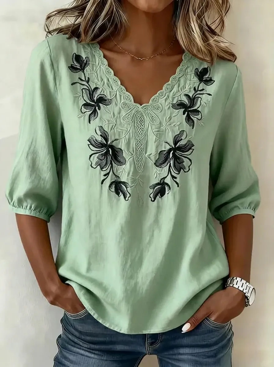 Women's Nashville Floral Embroidered V-Neck Printed Top