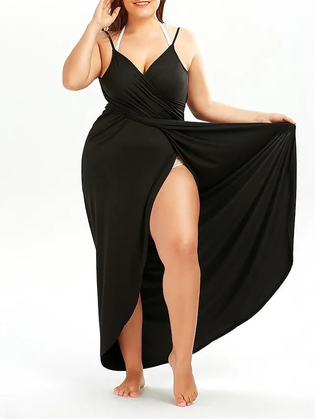 Women‘s Curve Swimwear Cover Up Beach Dress Plus Size Swimsuit Open Back for Big Busts Pure Color Black White Khaki Dark Gray Strap Bathing Suits Sexy Vacation Fashion