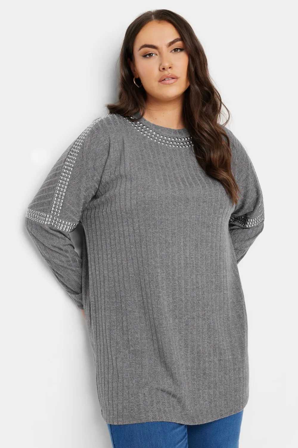 YOURS Curve Grey Stud Neckline Embellished Jumper
