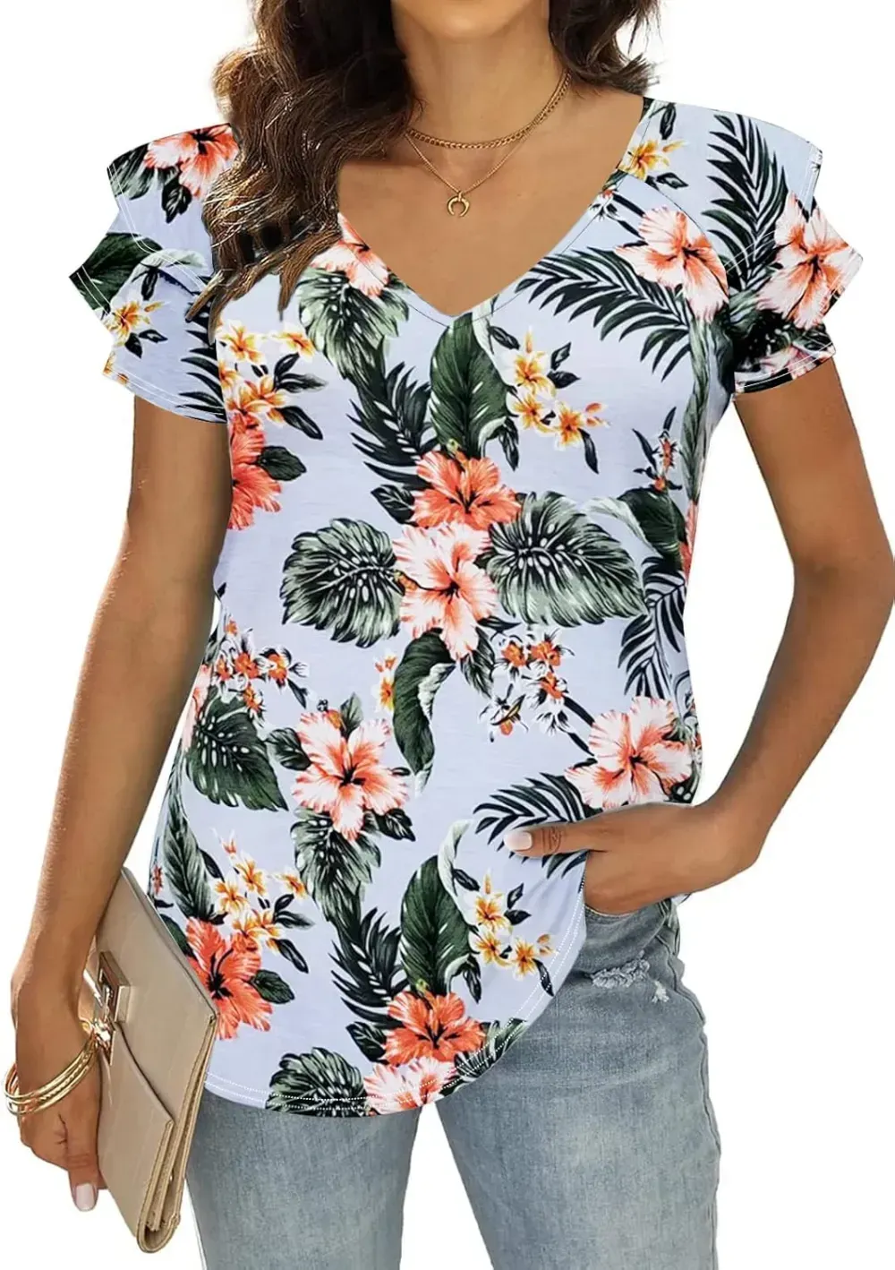 T&Twenties Womens Summer Tops Ruffle Short Sleeve Tunic Tops V Neck Loose Fit Flowy T-Shirts