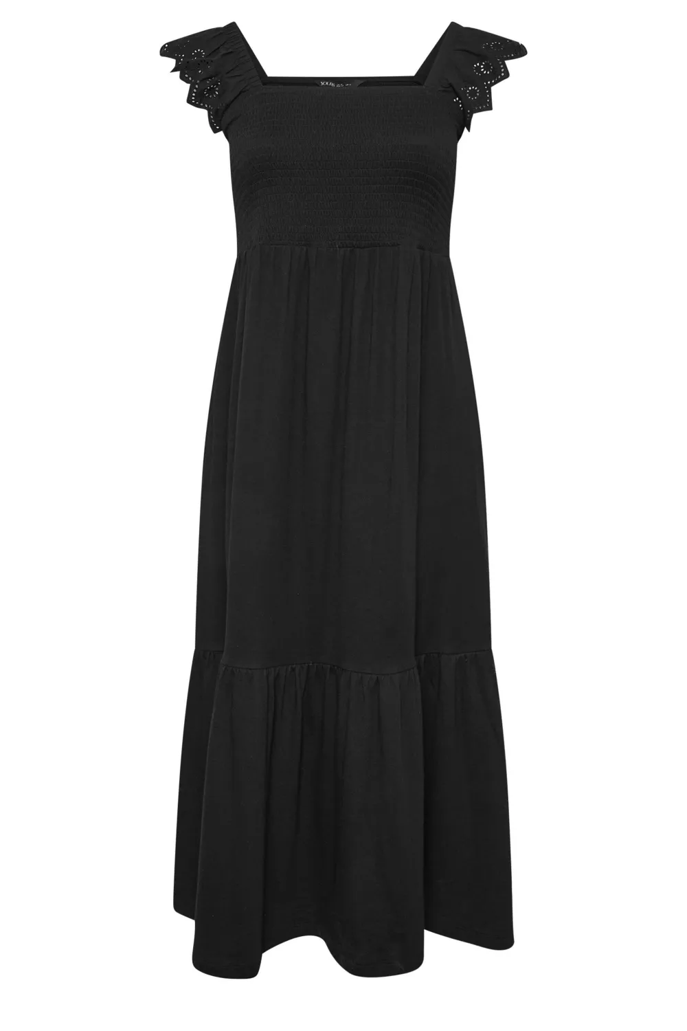 YOURS Curve Black Frill Sleeve Shirred Midaxi Dress