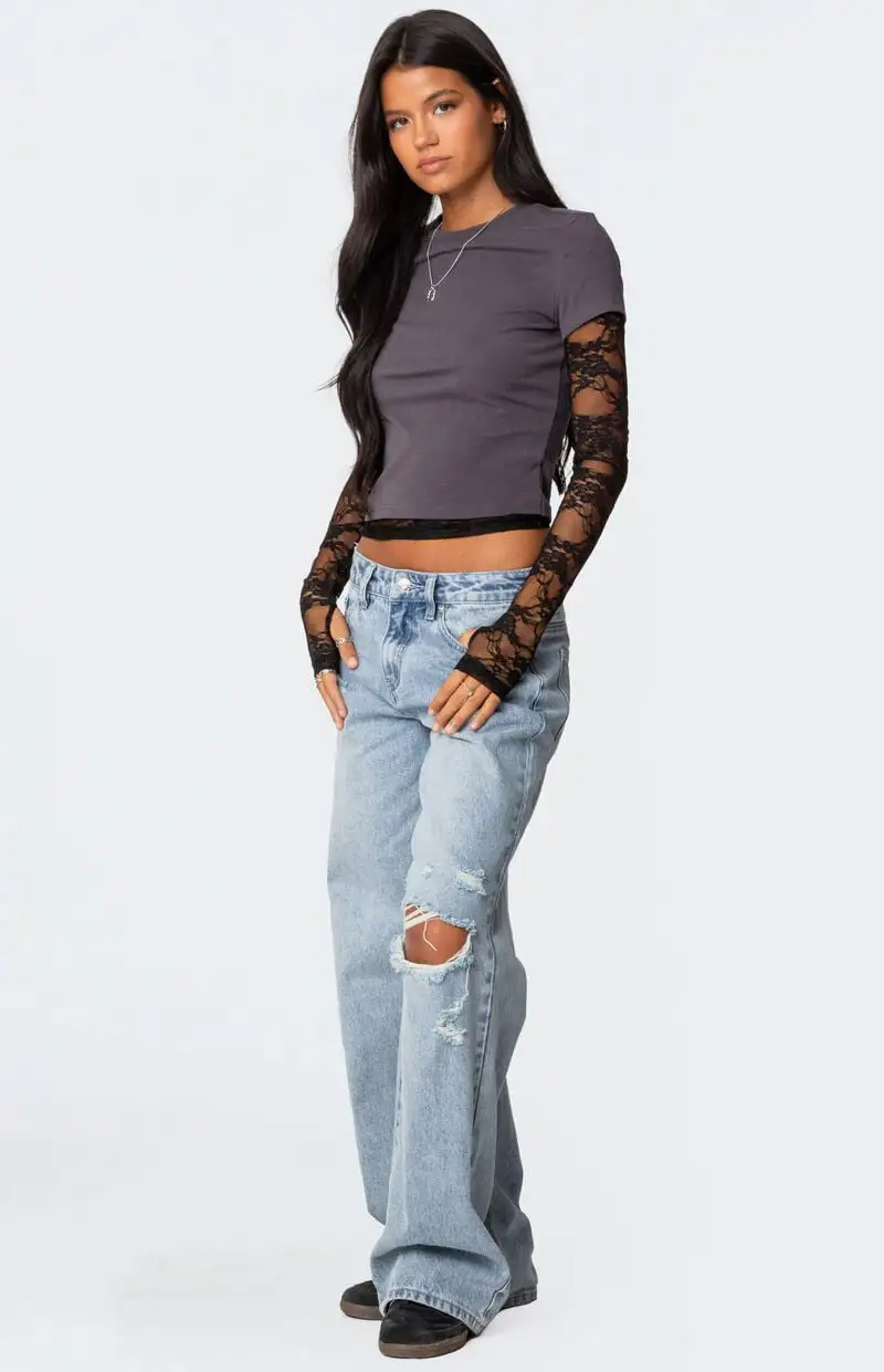 Edikted Layered Lace Sleeve T-Shirt