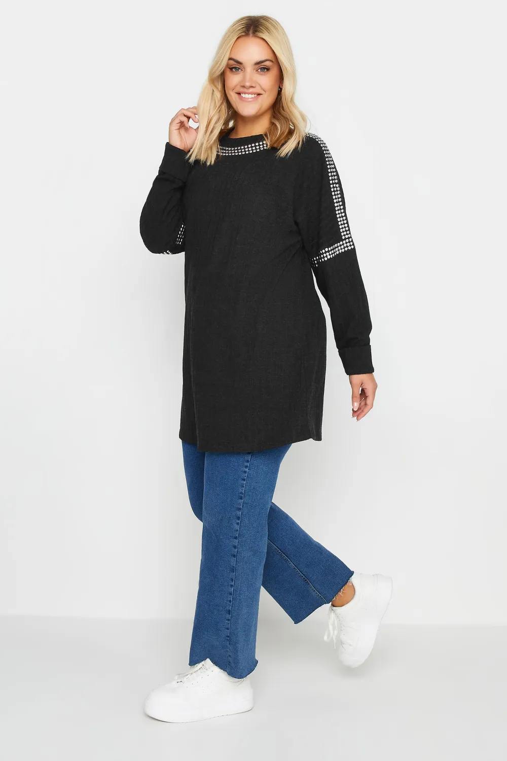 YOURS Curve Grey Stud Neckline Embellished Jumper