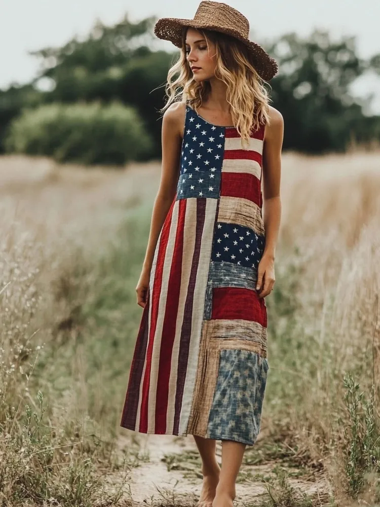 Independence Day American Flag Patchwork Linen Tank Dress