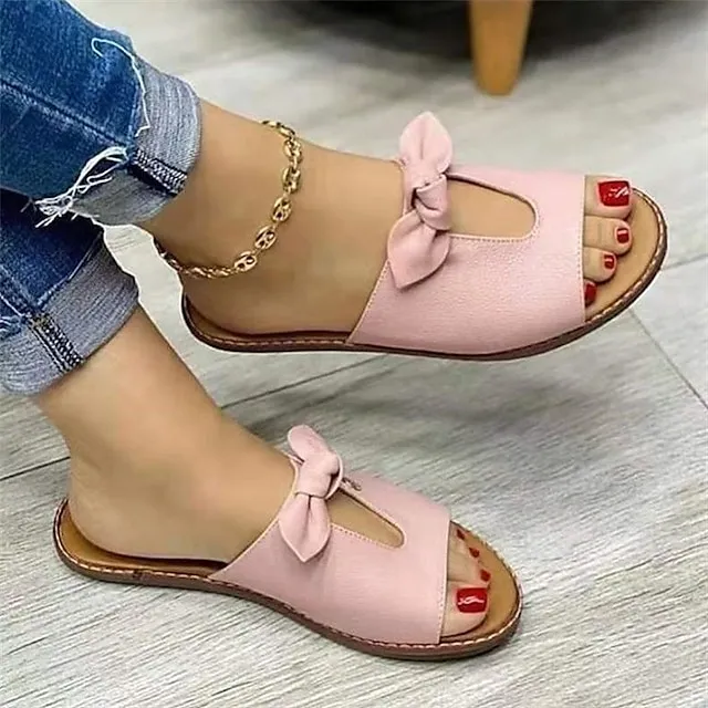 Women's Sandals Slippers Boho Bohemia Beach Outdoor Slippers Beach Slippers Outdoor Daily Beach Summer Bowknot Flat Heel Open Toe Casual Minimalism Sweet Faux Leather Loafer Solid Color Solid Colored