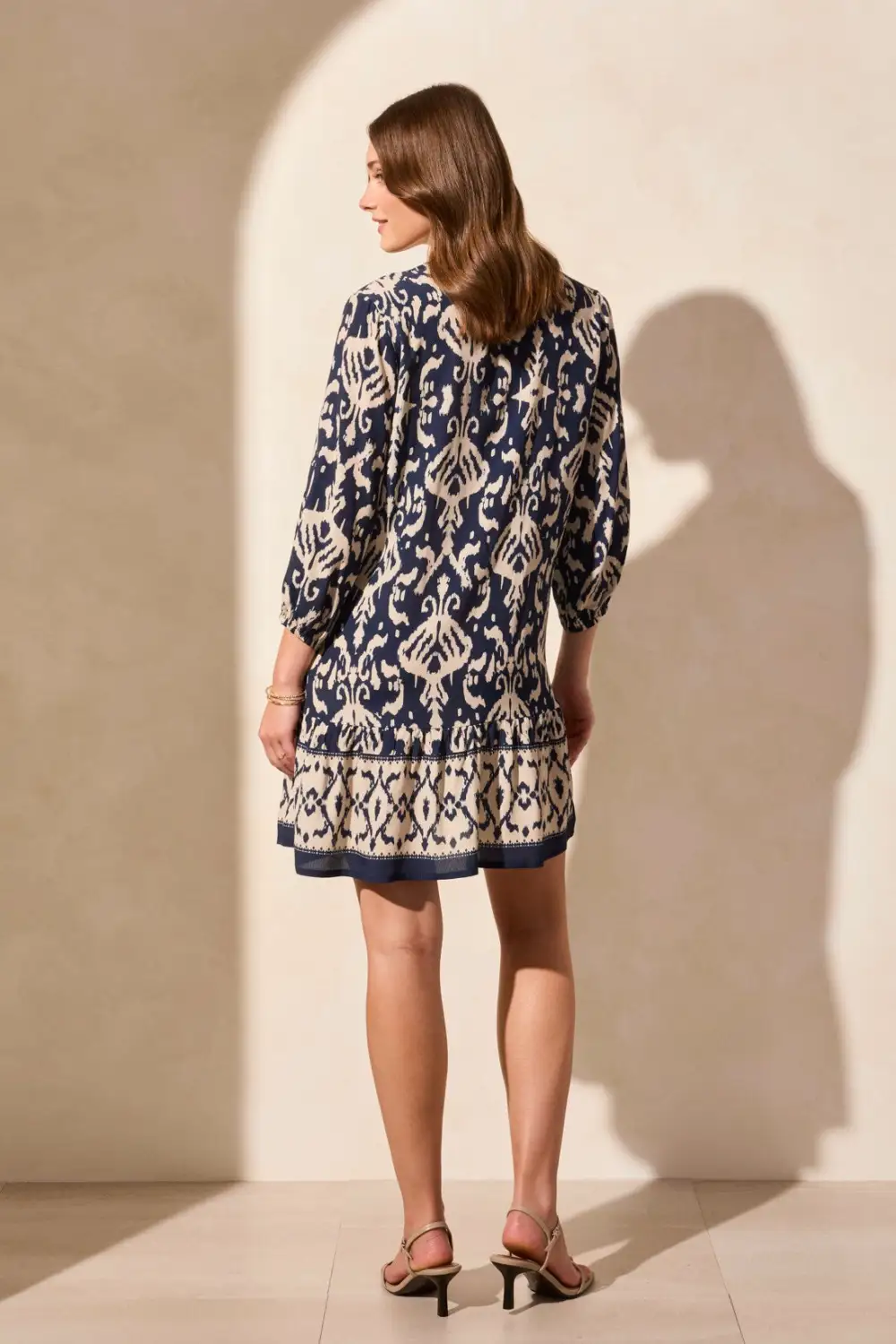 Printed Three-Quarter Sleeve Dress With Bottom Frill-Jet Blue