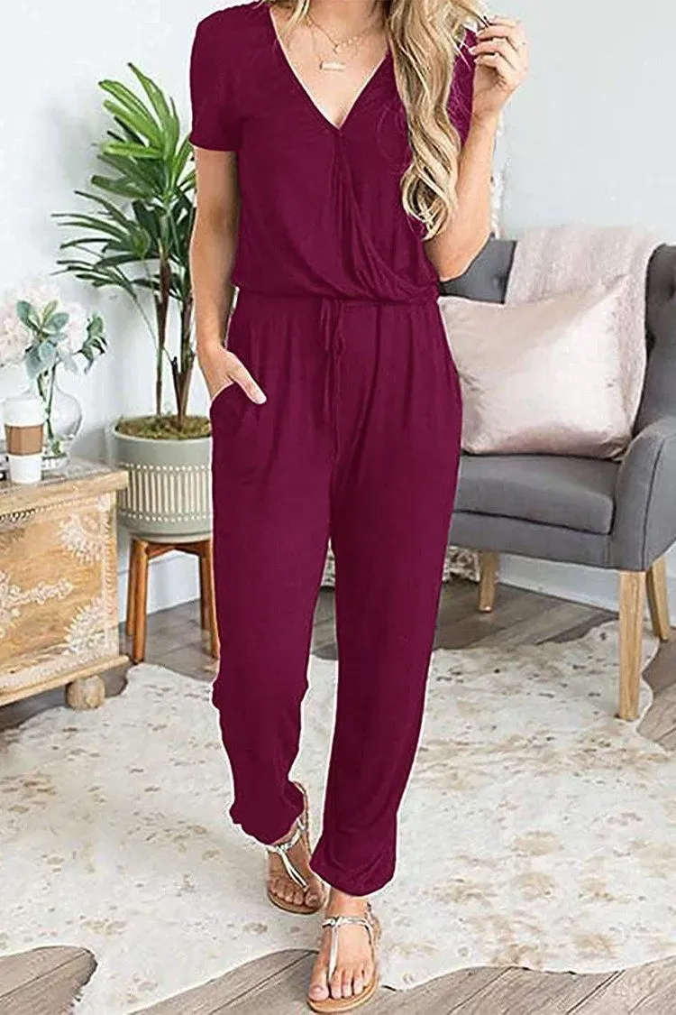 Deep V Neck Wrap Drawstring Waist Jumpsuit