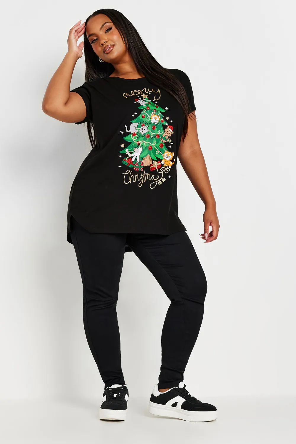 YOURS Curve Black 'Meowy Christmas' Slogan T-Shirt