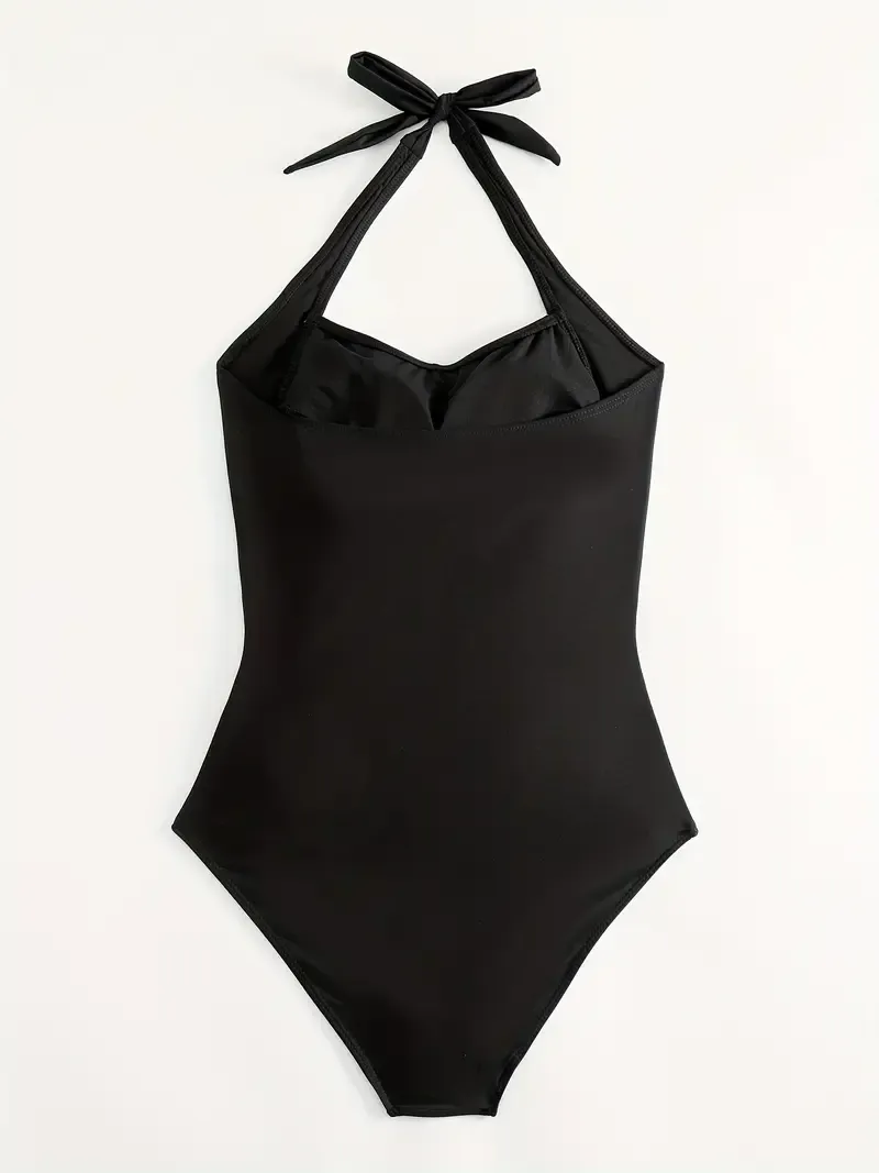 Ruched Halter Backless One Piece Swimsuit, Black Tie Neck Stretchy Solid Color Bathing Suit, Women's Swimwear & Clothing