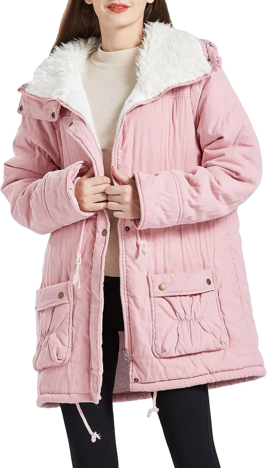 Women's Winter Mid Length Thick Warm Faux Lamb Wool Lined Jacket Coat