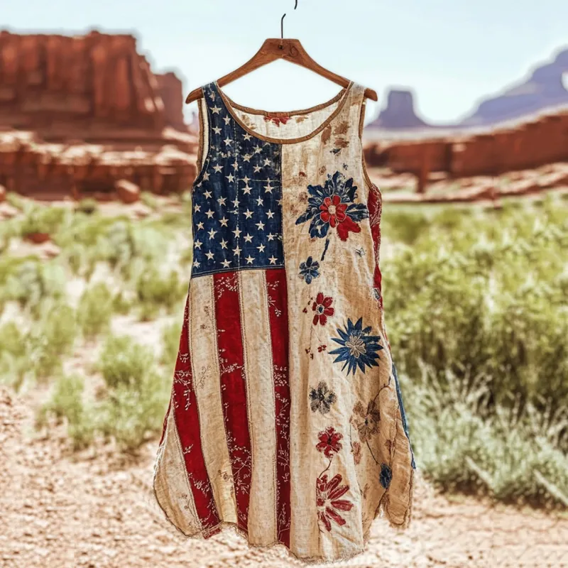 Vintage Independence Day American Flag Patch Floral Art Linen Tank Dress