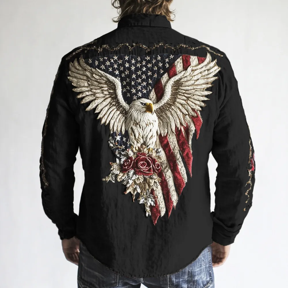 Western Style Flag & Bald Eagle Embroidered Art Men's Long Sleeve Shirt