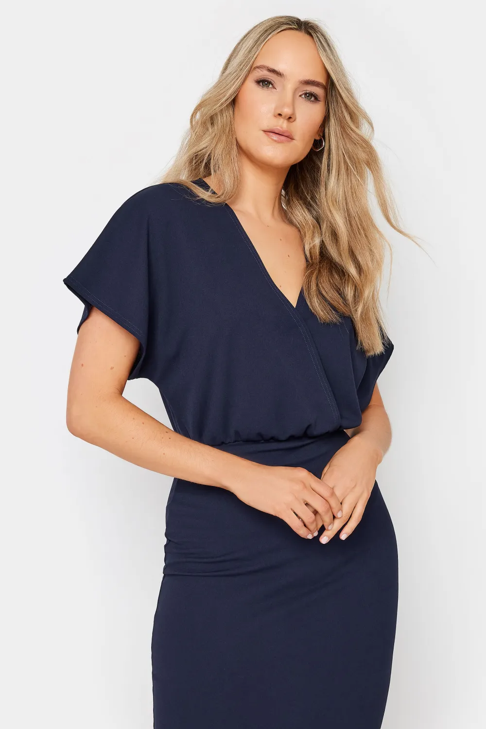 LTS Tall Navy Blue Scuba Wrap Midi Dress