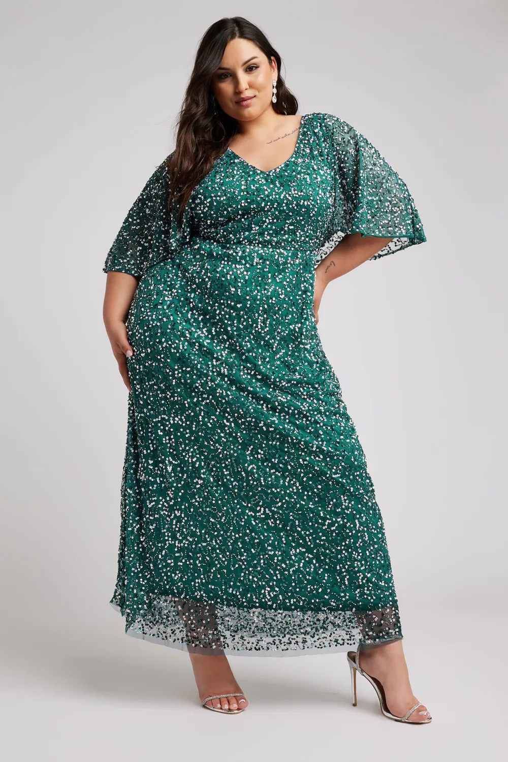 LUXE Curve Green Embellished V-Neck Maxi Dress