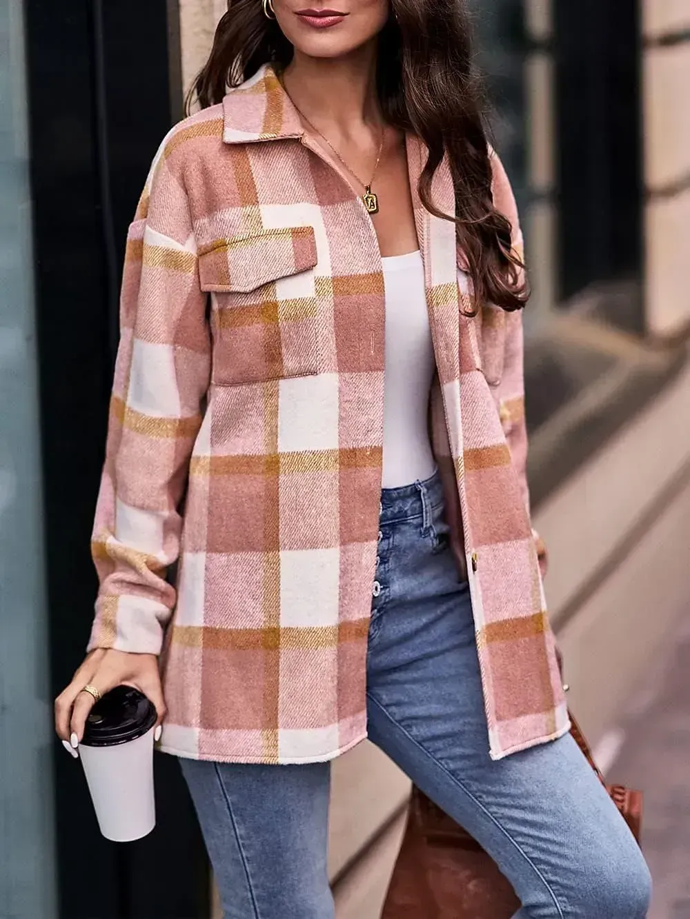 Women's 2023 Fall Clothes Plaid Shacket Jacket Long Sleeve Button Down Flannel Shirts Fashion Blouse