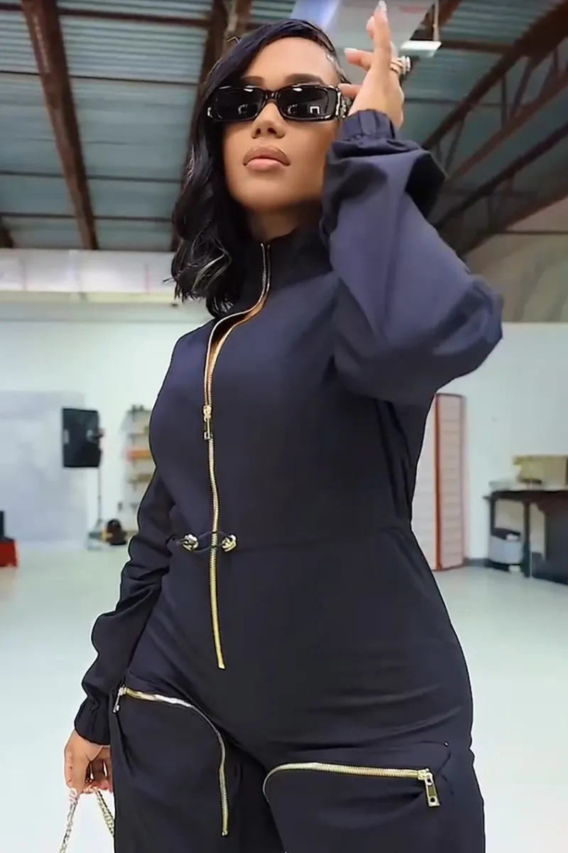 Deep V Zipper Neck Long Sleeve Drawstring Pocket Trousers Casual Jumpsuit