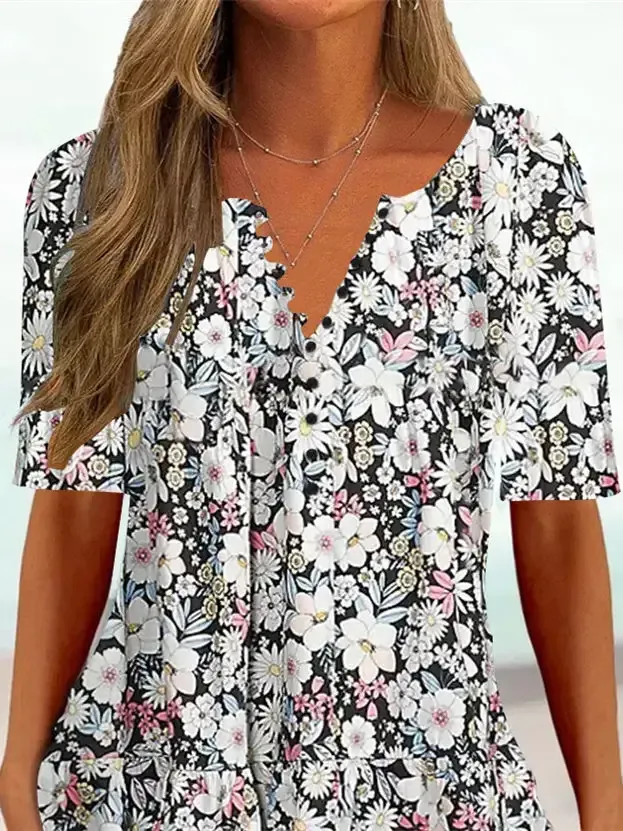 Women Half Sleeve V-neck Floral Printed Tops