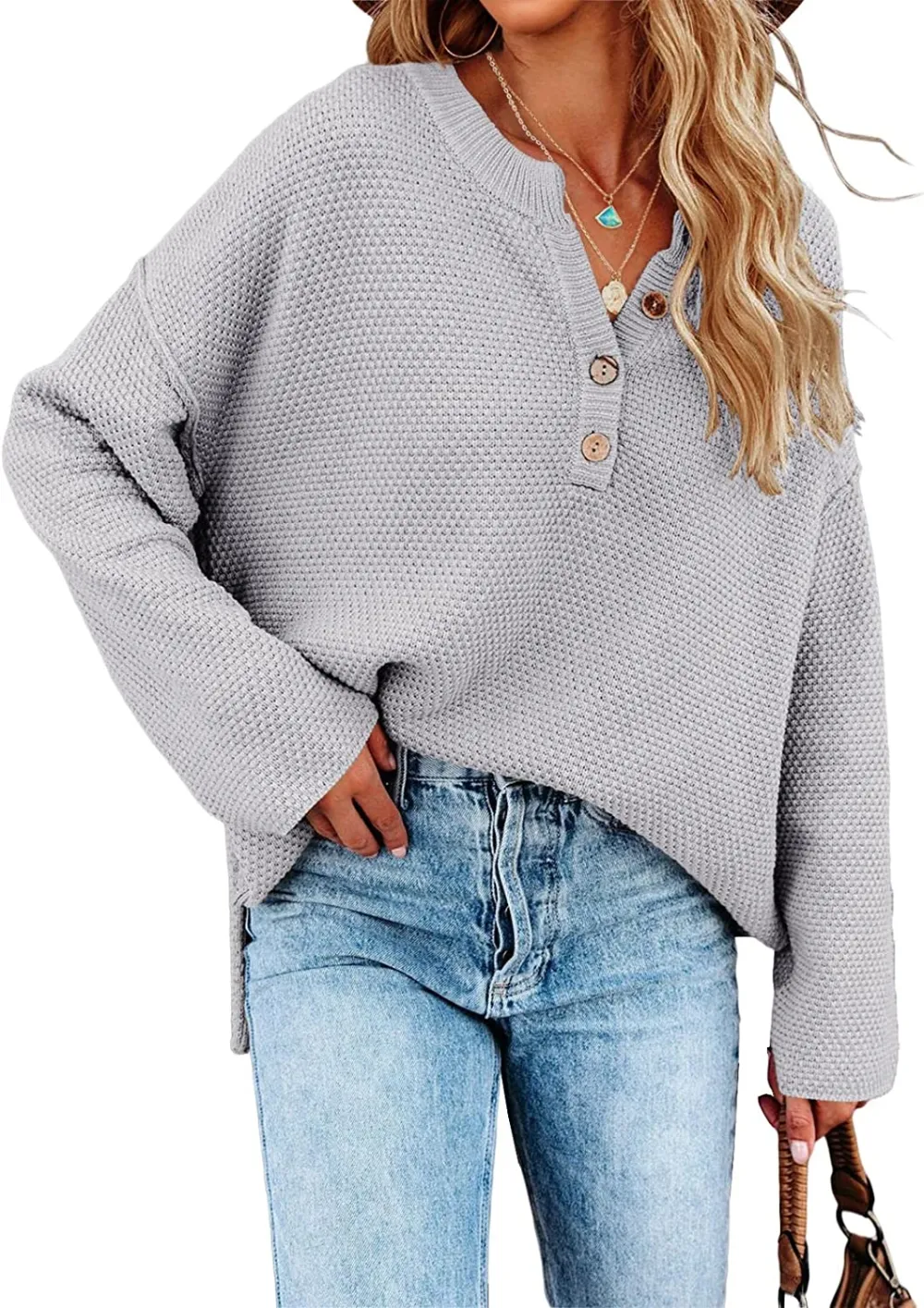 Women's Oversized Sweaters Batwing Long Sleeve Loose V Neck Button Henley Tops Pullover Knit Jumper