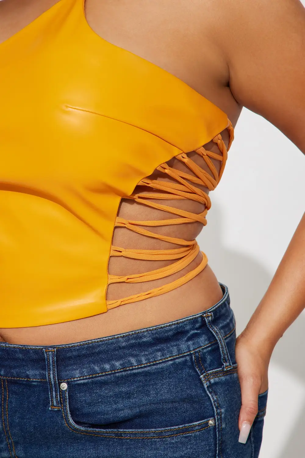 Wrapped Up One Shoulder PU Top - Orange