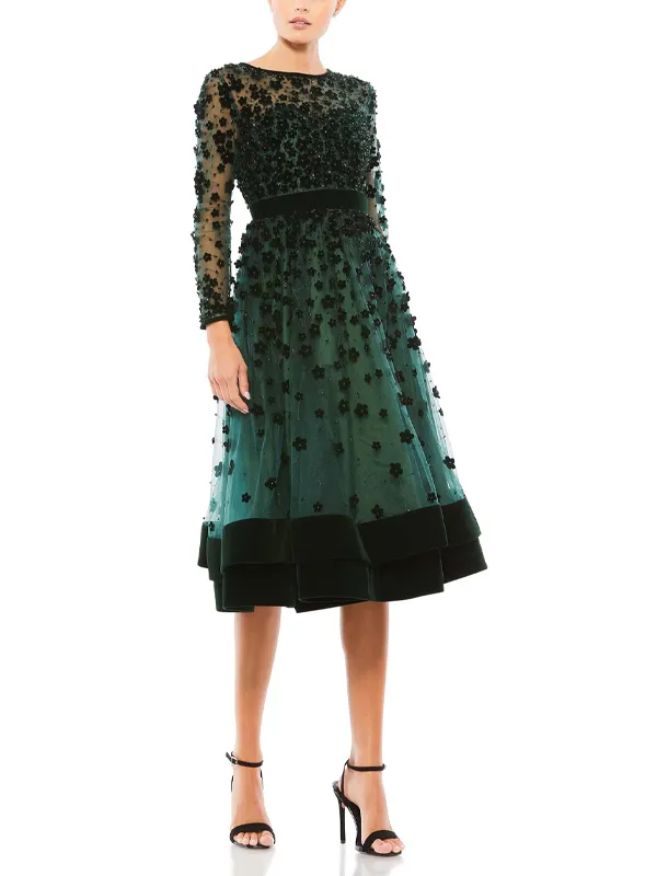 Embellished Sheer Long Sleeve A-Line Midi Dress