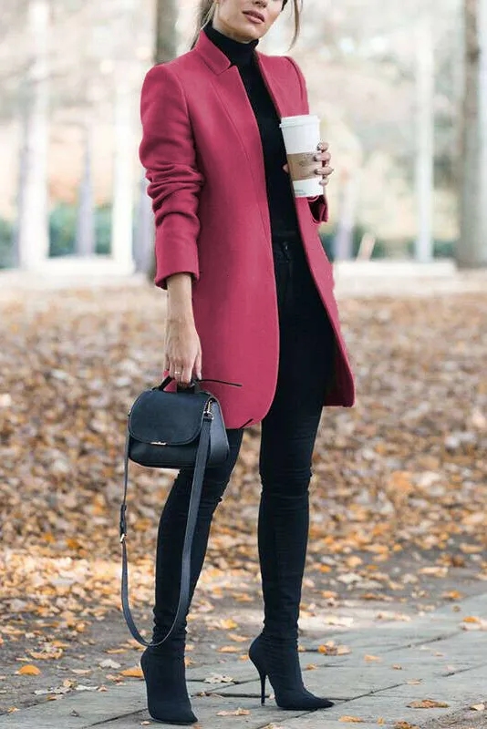 Solid standing collar slim long faux woolen coat