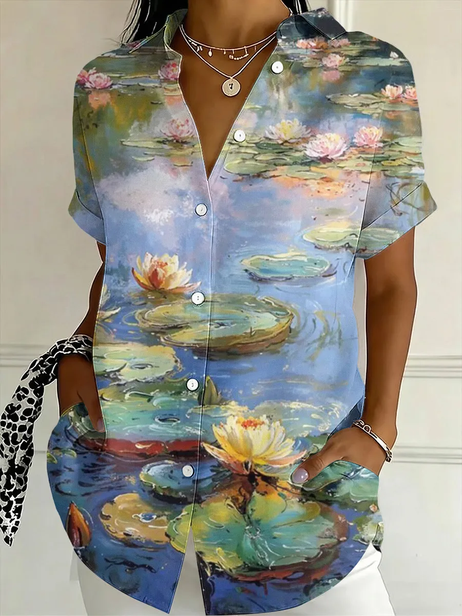 Women's Casual Lotus Oil Painting Flower Shirt