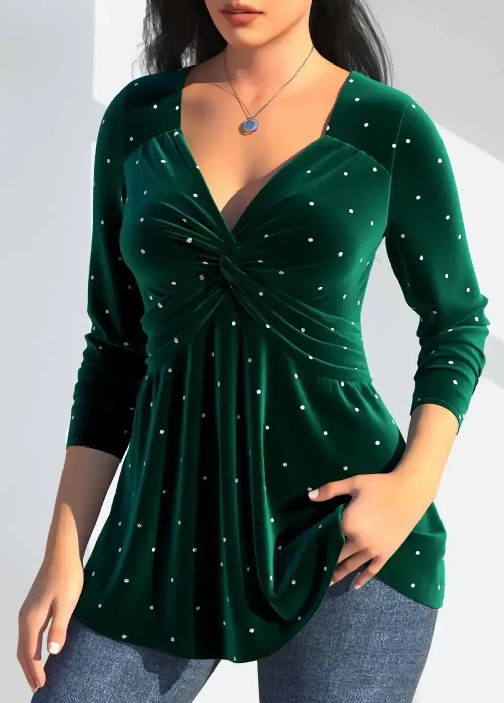 Blackish Green Velvet Long Sleeve Heart Collar T Shirt