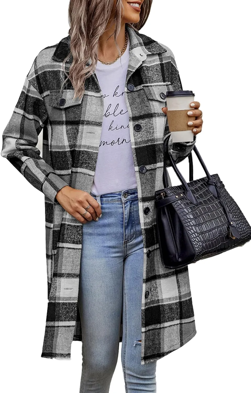 Women's Plaid Shacket 2023 Long Sleeve Button Up Flannel Shirt Winter Tartan Jacket Woolen Coats