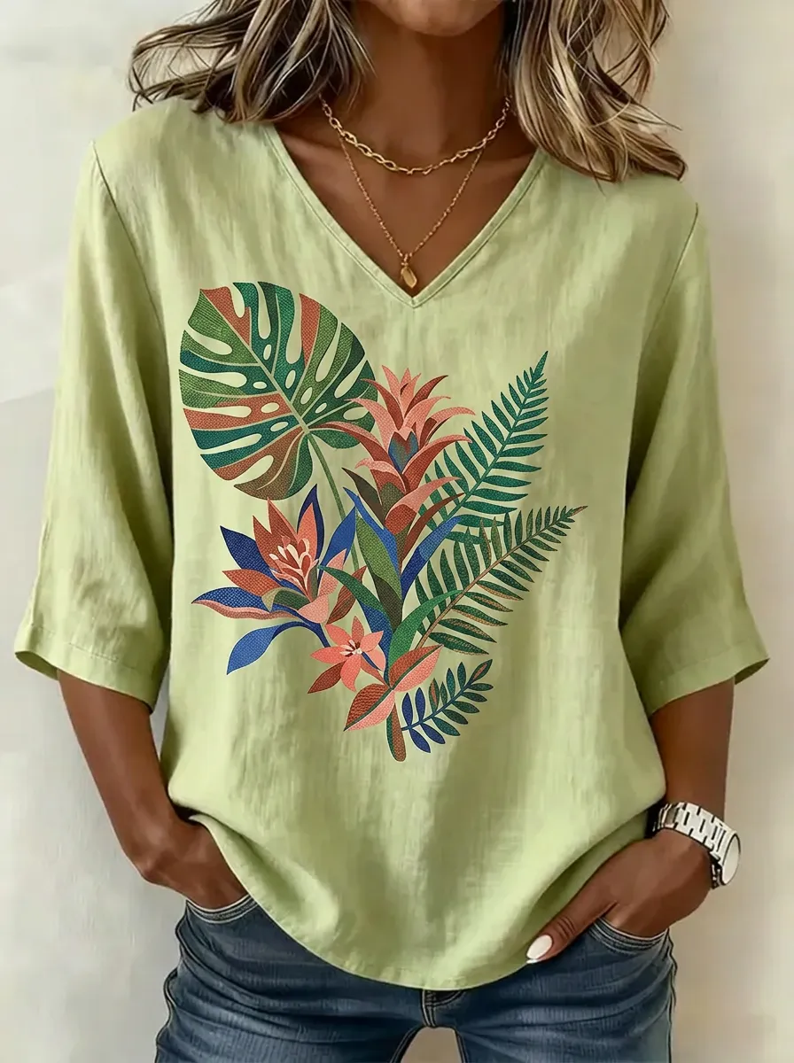 Women's Nashville Tropical Plant Floral Printed V-neck Top