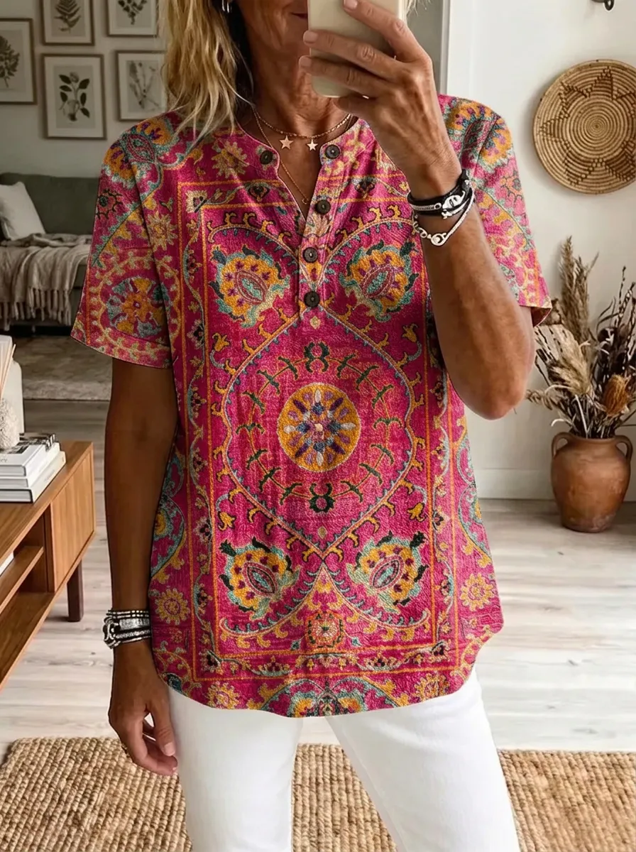 Women's Nashville Bohemian Paisley Printed Henley Shirt