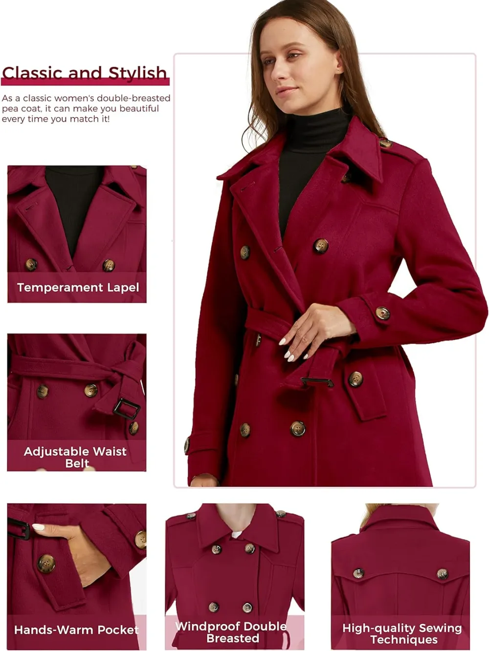 Women's Double Breasted Pea Coat Winter Mid-Long Trench Coat with Belt